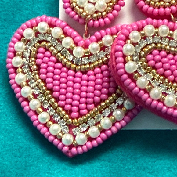 Pink Pearl Rhinestone Beaded Heart Earrings NEW - Picture 5 of 5